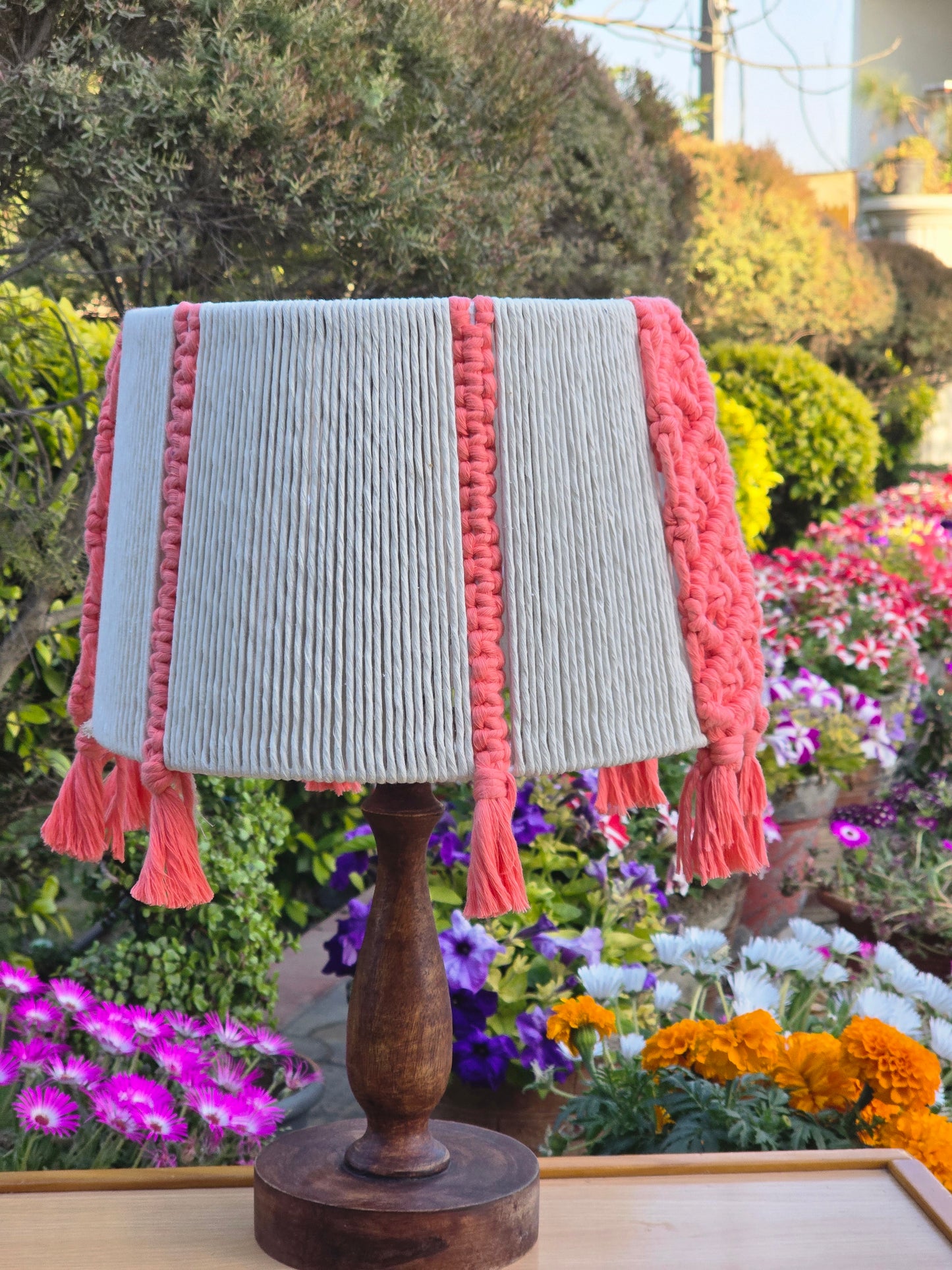 Peach and off White Handmade Macrame Lampshade