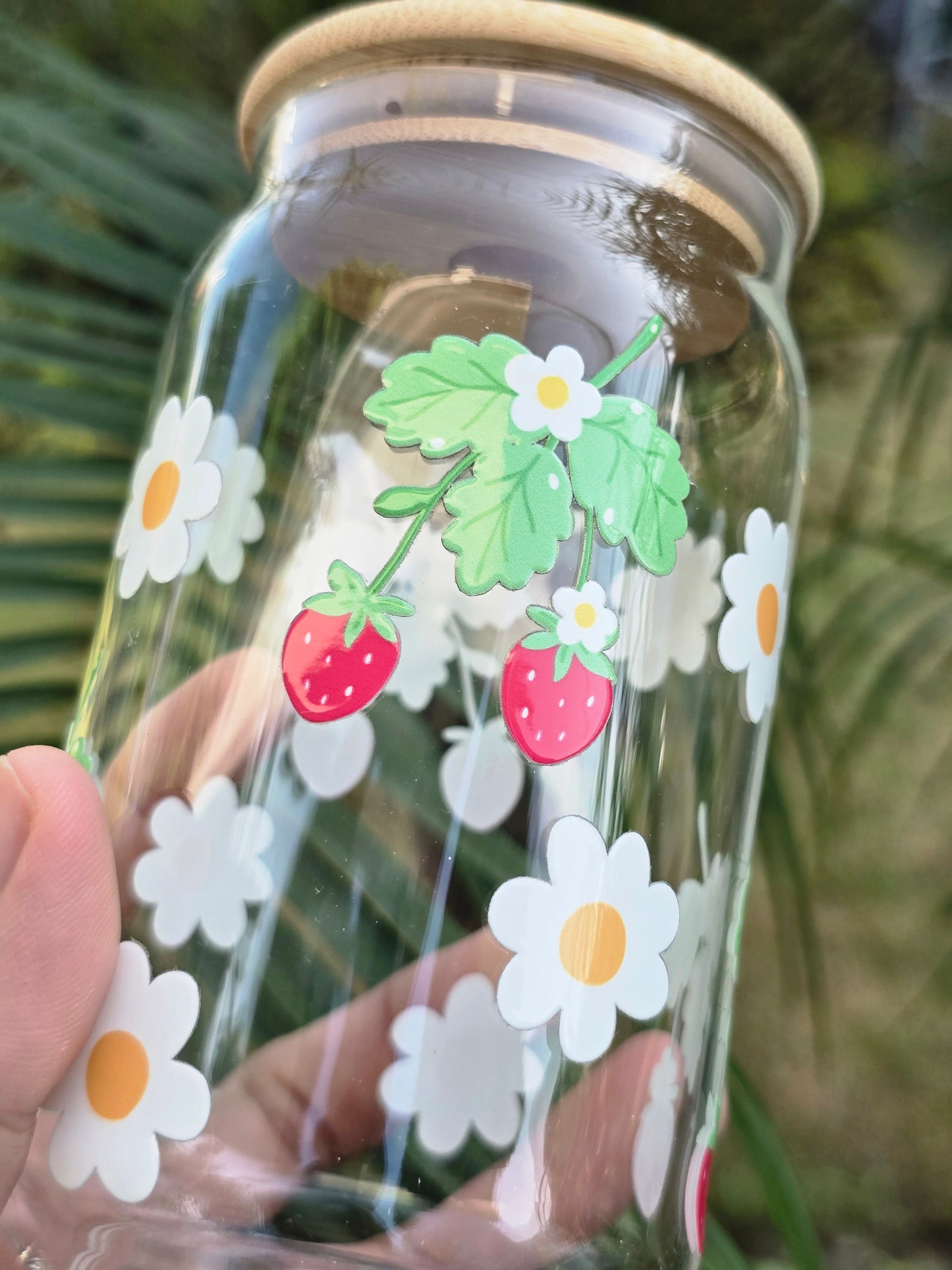 Strawberry and Daisies Glass Can