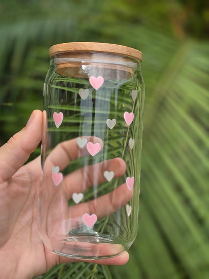 Pink Hearts Glass Can