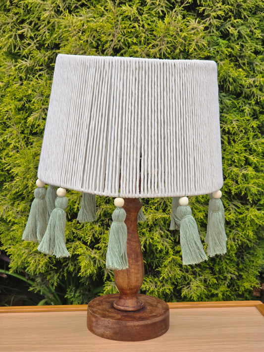 Off-White Lampshade with beads and Light Green Tassels