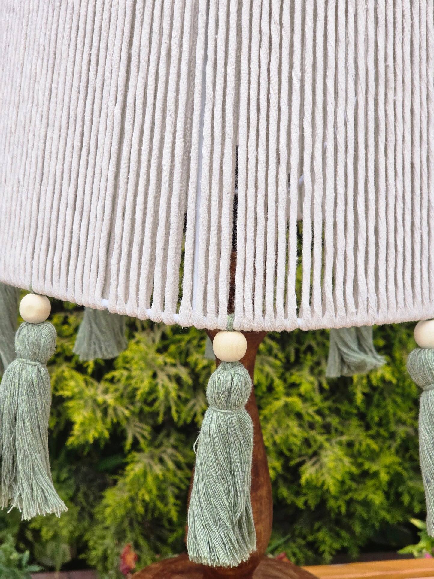 Off-White Lampshade with beads and Light Green Tassels