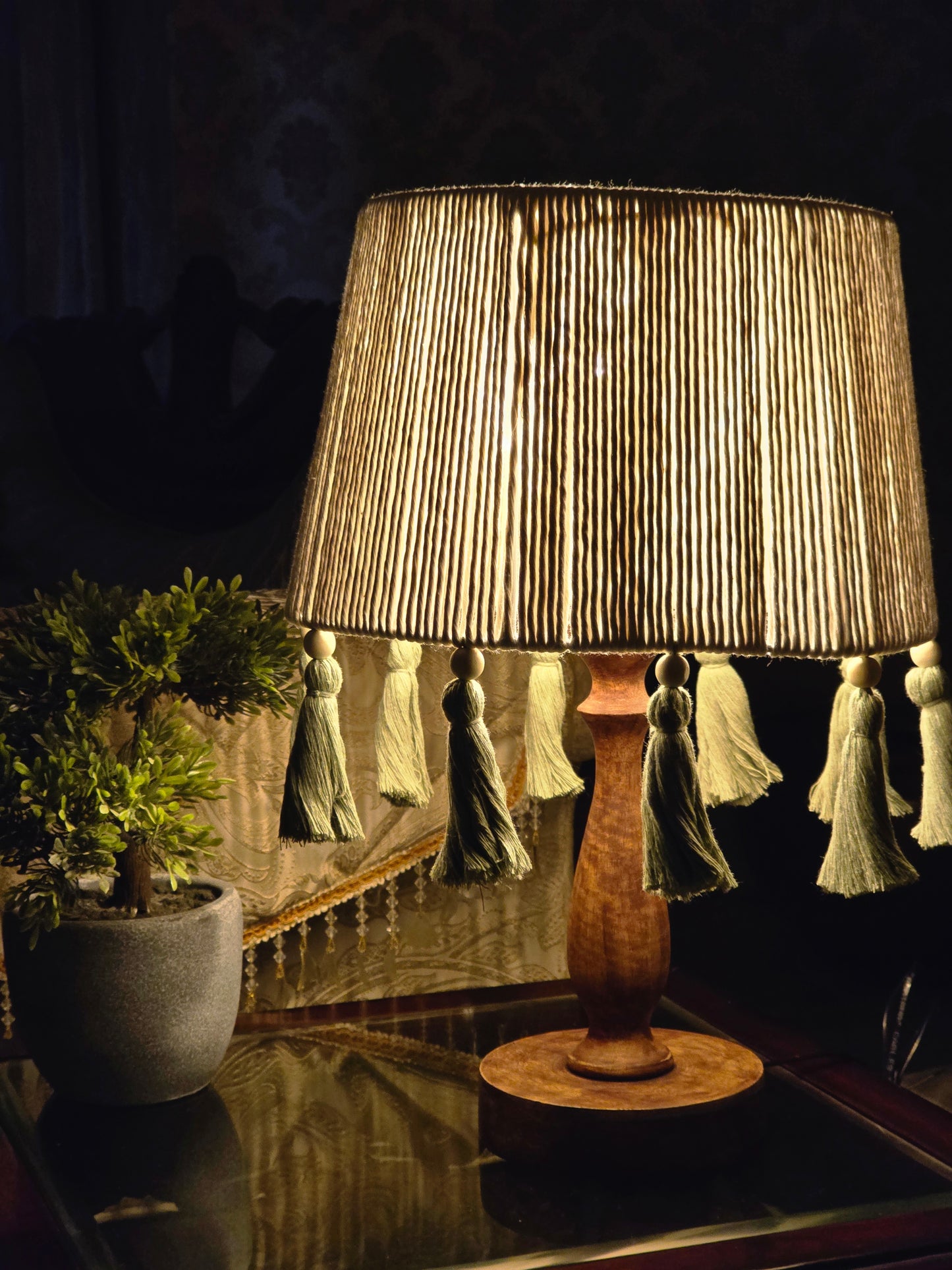 Off-White Lampshade with beads and Light Green Tassels