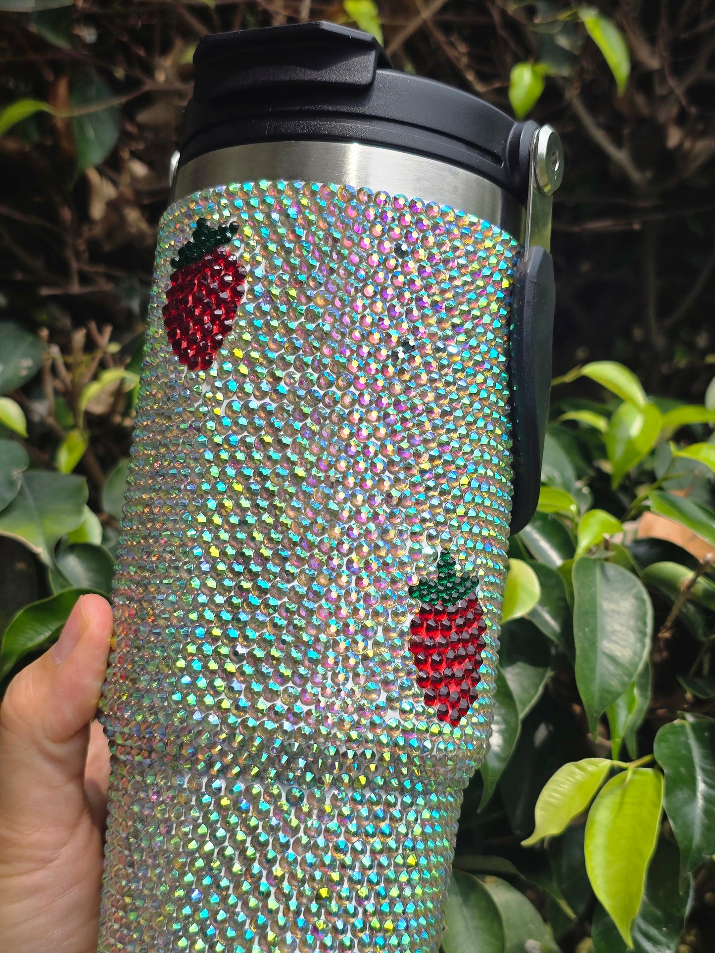 Holographic Strawberries Rhinestone Tumbler
