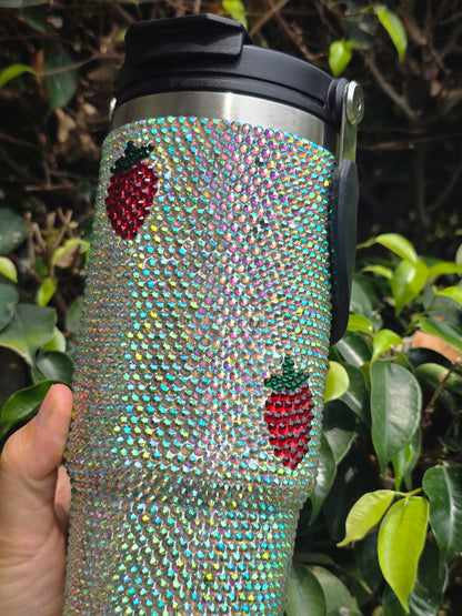 Holographic Strawberries Rhinestone Tumbler