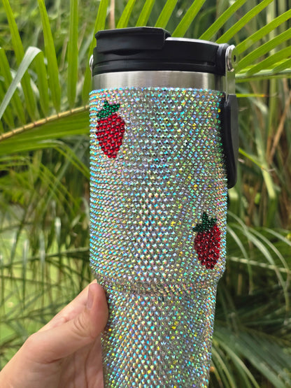 Holographic Strawberries Rhinestone Tumbler
