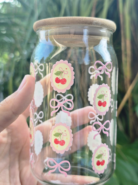 Cherries and Bows Glass Can