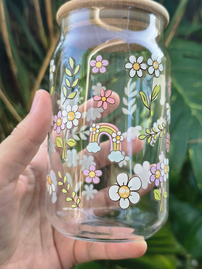 Flowers and Rainbows Glass Can