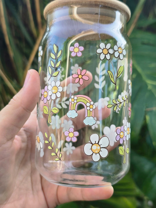 Flowers and Rainbows Glass Can