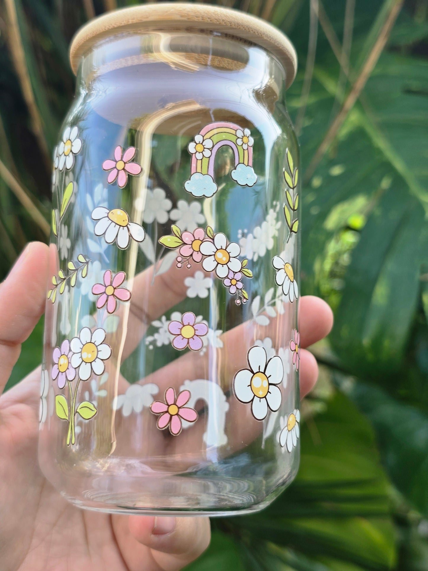 Flowers and Rainbows Glass Can