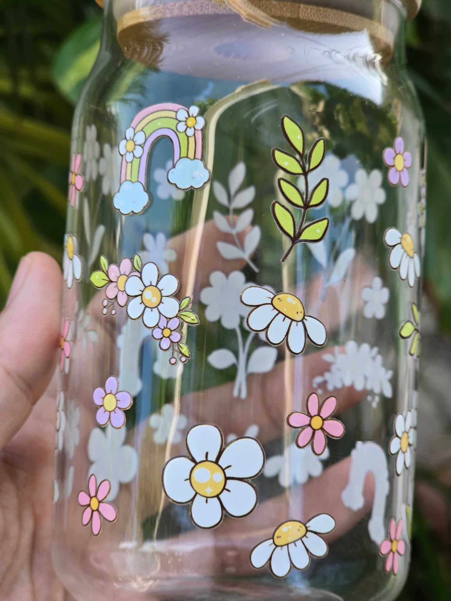 Flowers and Rainbows Glass Can
