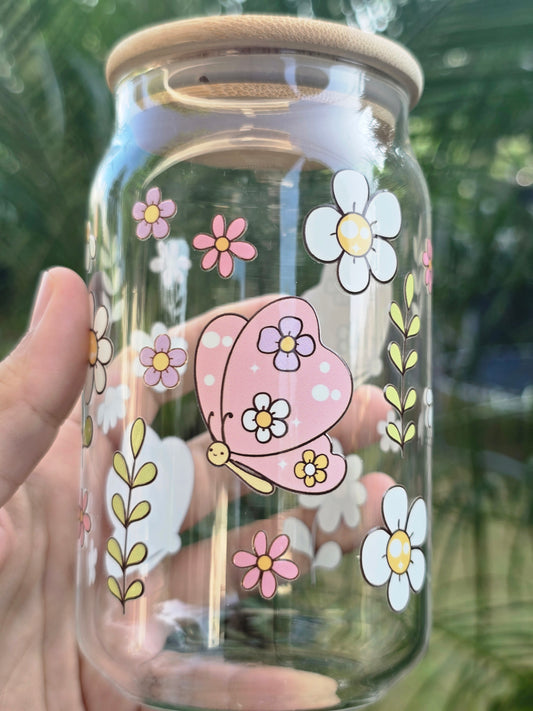 Floral Butterflies Glass Can