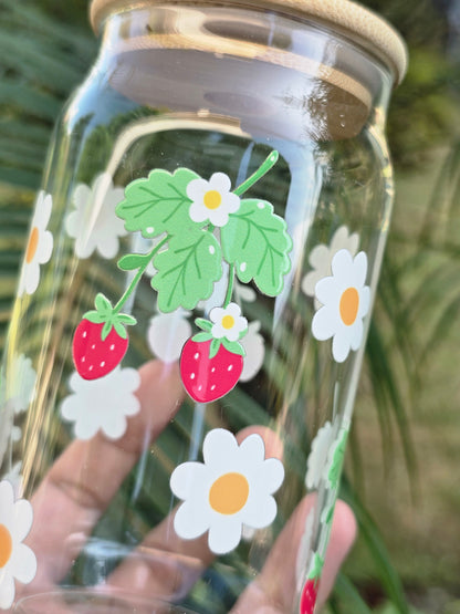 Strawberry and Daisies Glass Can