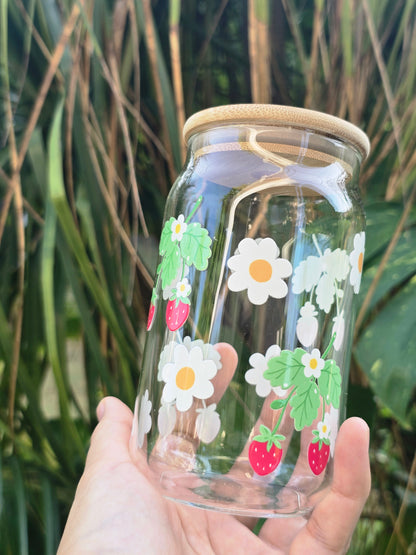 Strawberry and Daisies Glass Can