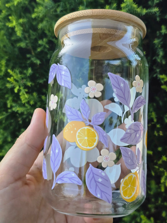 Lemons and Leaves Glass Can