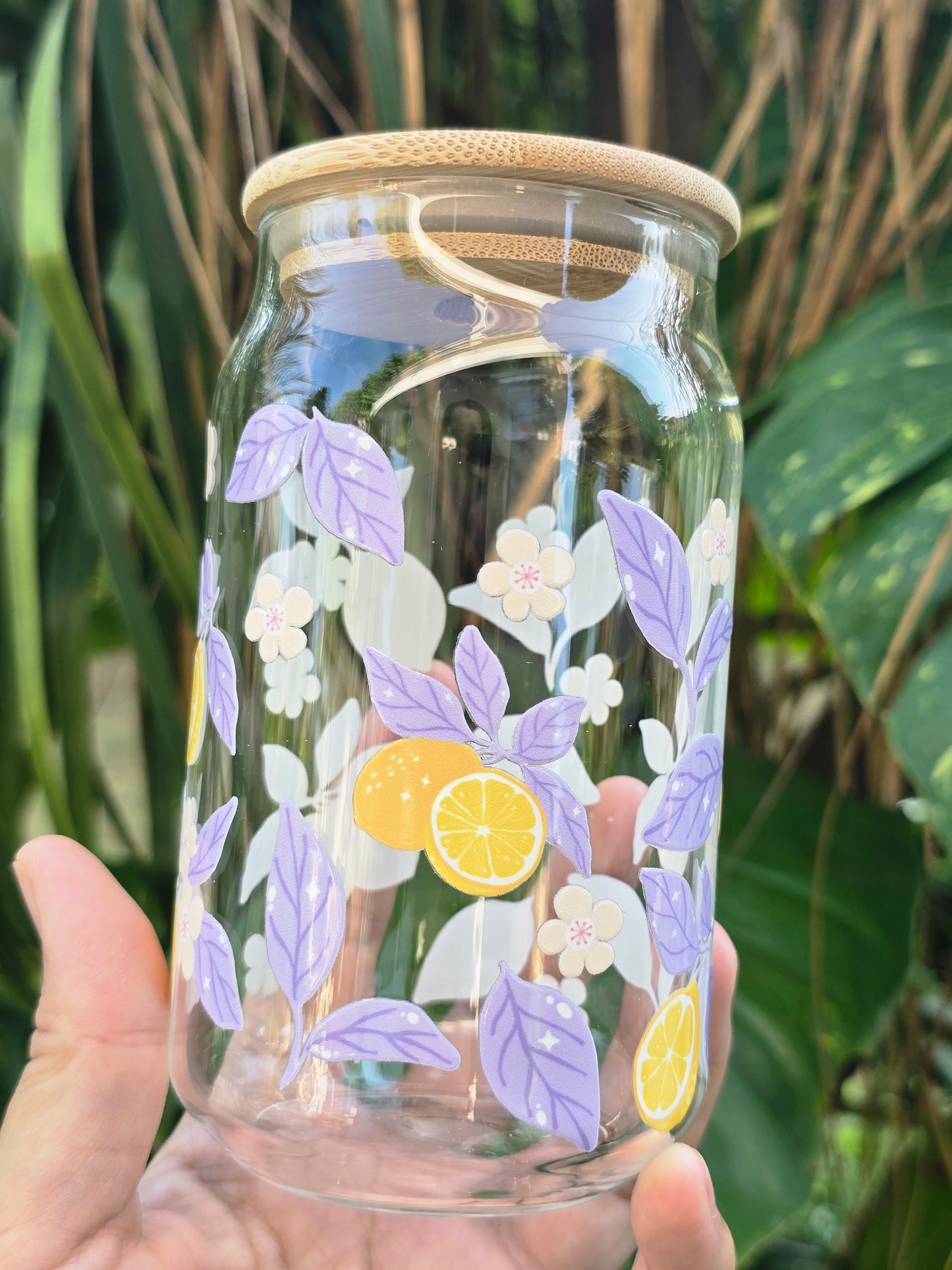 Lemons and Leaves Glass Can