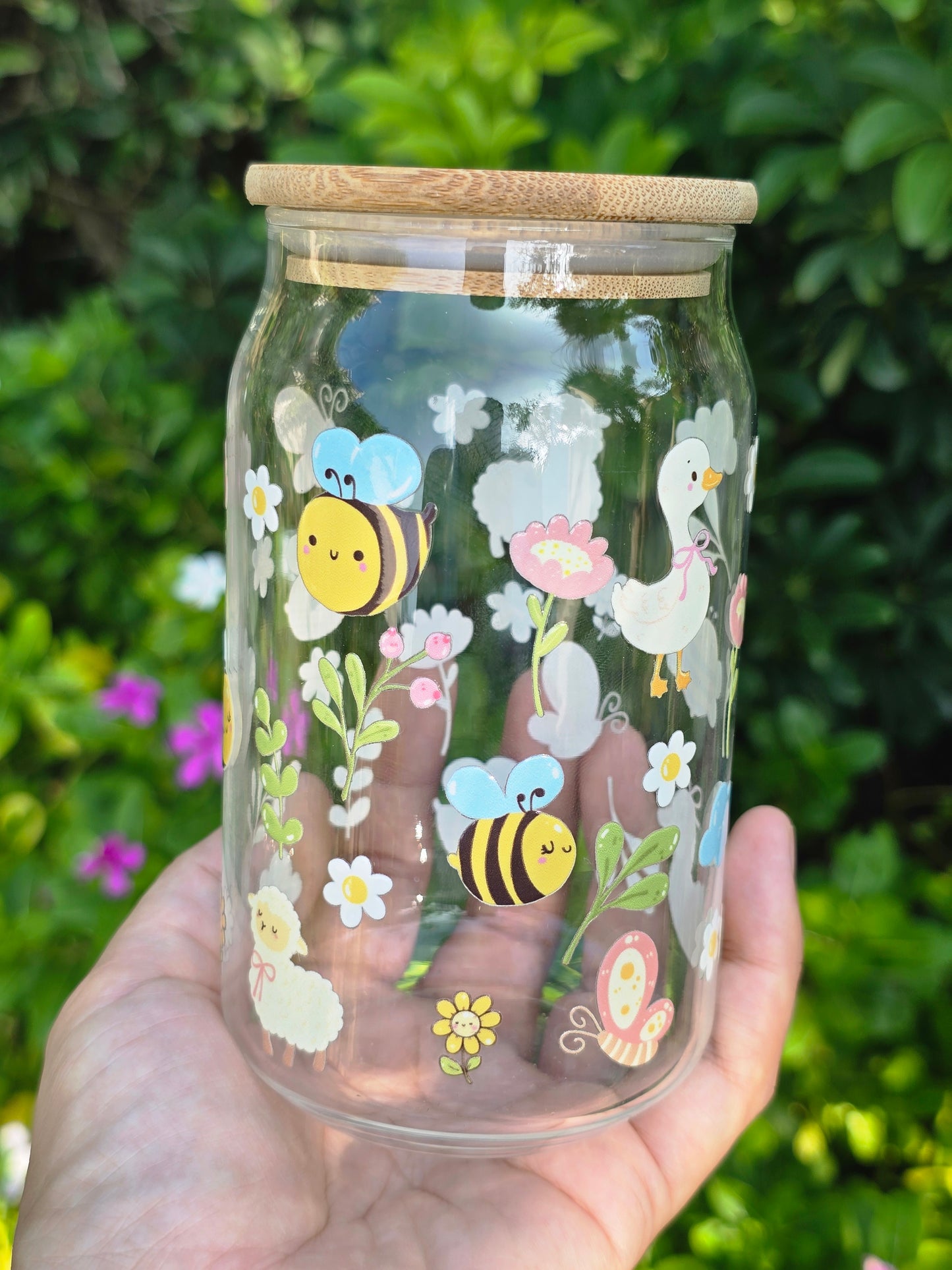 Floral Bee Glass Can
