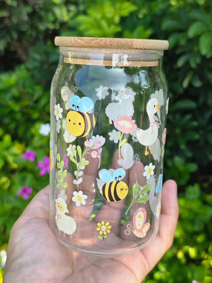 Floral Bee Glass Can