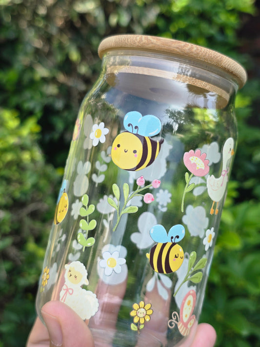 Floral Bee Glass Can