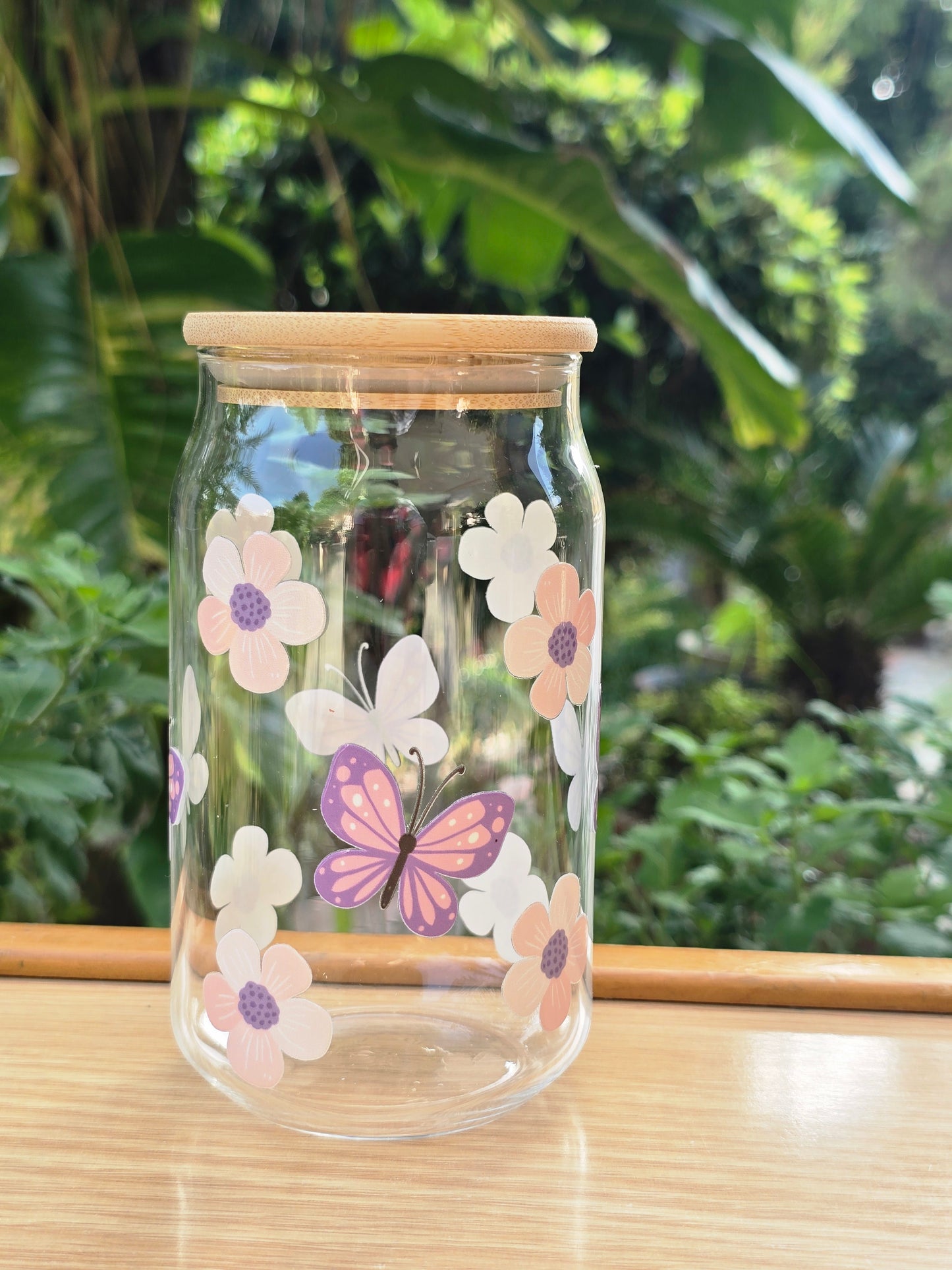 Lavendar Butterflies Glass Can