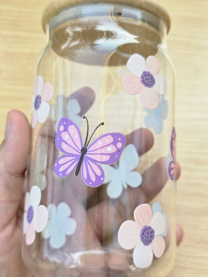 Lavendar Butterflies Glass Can