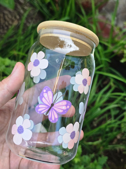 Lavendar Butterflies Glass Can